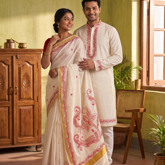 Kamala Handpainted Kolka South Cotton Saree and Kurta Set