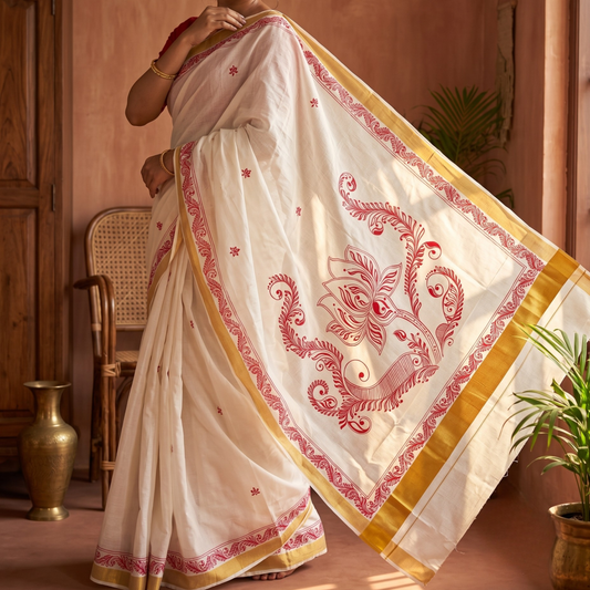 Kamala Handpainted Kolka South Cotton Saree and Kurta Set